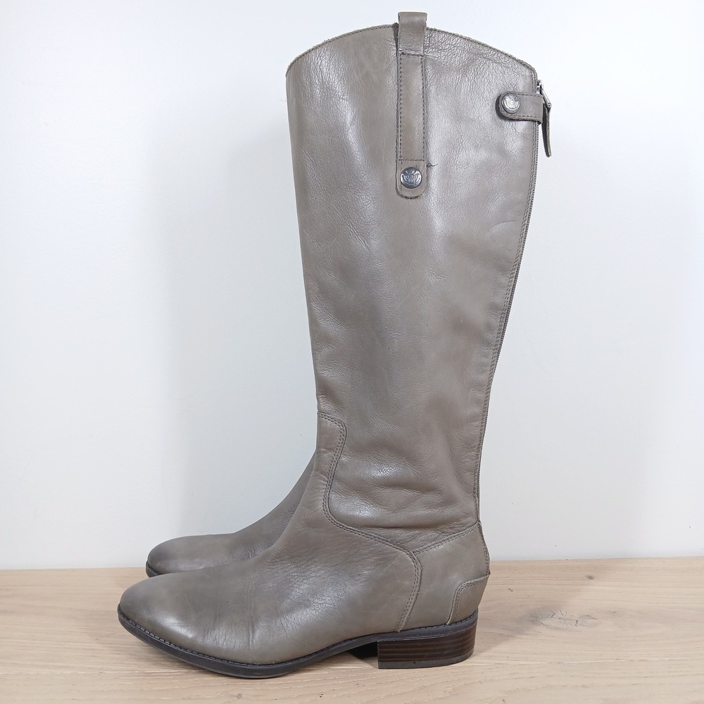 Sam Edelman Riding Boots Women 11 Gray Leather Knee High Buckle Equestrian